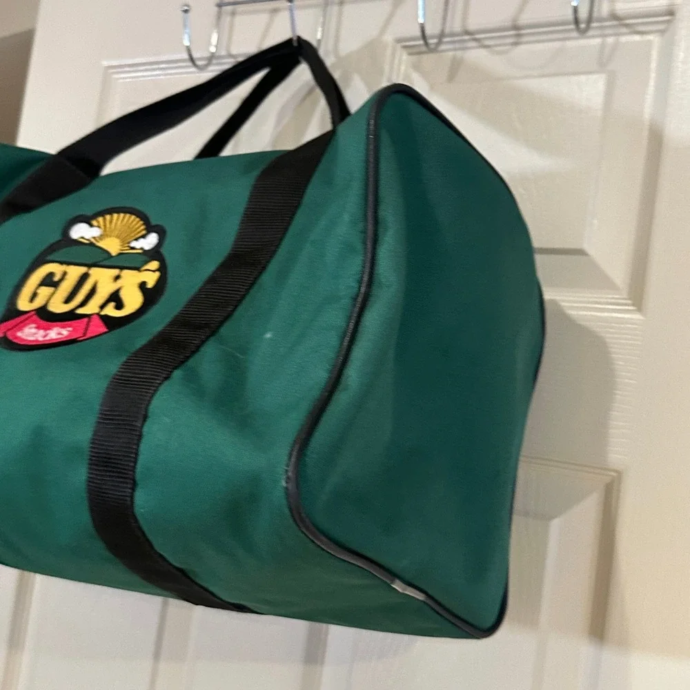 Vintage Guys Snacks Duffel Bag Green Canvas Advertising Weekender Gym Bag 18.5in